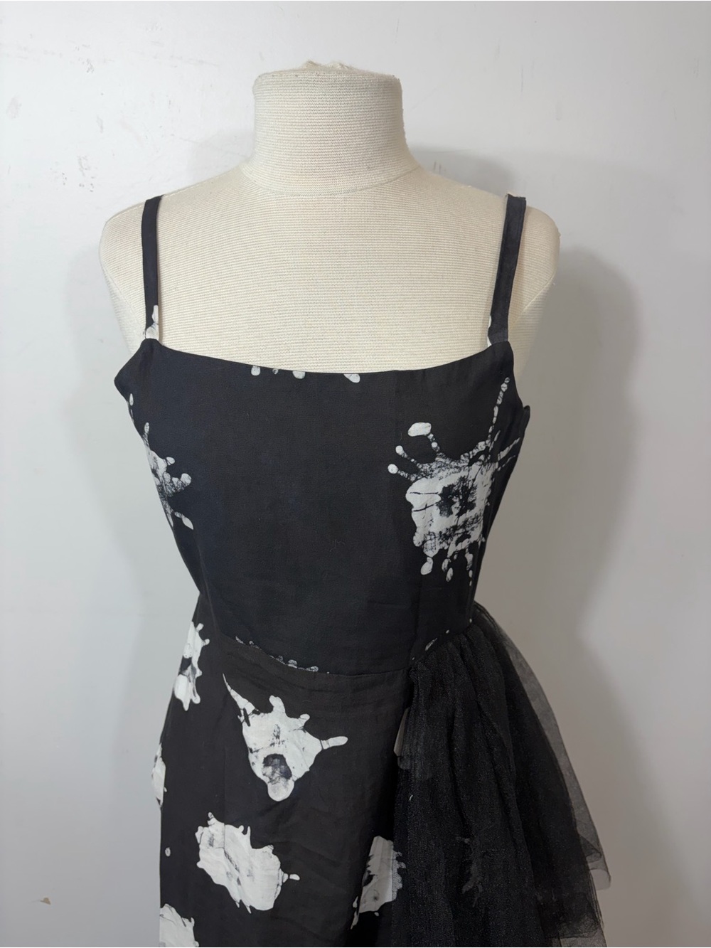 BUSAYO Black & White Abstract Print Midi Dress Tulle Ruffle Side Size S - Picture 10 of 11